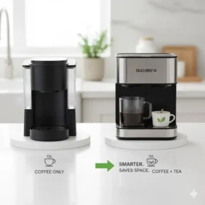 Comparing the size of a standard single-serve unit to a compact pod system coffee maker with tea.