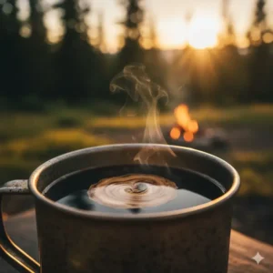 A close-up, high-quality shot of rich, dark gourmet instant coffee in a mug, suggesting a great flavor profile for the morning hike.