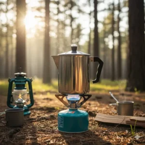 Durable metal stovetop percolator used on a portable camp stove for outdoor coffee brewing.