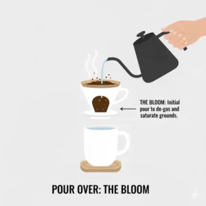 Illustration demonstrating the initial "bloom" pour for pour over coffee single cup brewing, ensuring the coffee grounds are fully saturated.