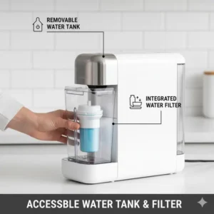 Showing the conveniently accessible water reservoir and filter location on the best home automatic espresso machine.