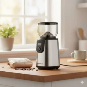 An image of a compact electric model, one of the best coffee grinder under 100 options, placed on a kitchen counter.