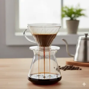 Flat-bottom glass coffee filter (Kalita Wave style) during a coffee extraction, showing the even grounds bed.