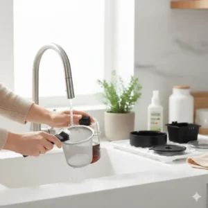 Demonstrating the proper way to clean the removable parts of the coffee maker with tea brewer for optimal flavor.