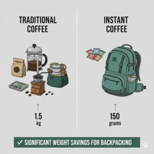 A graphic comparing the weight savings of instant coffee versus traditional coffee brewing equipment (like a French press) for a long-distance backpacking trip.