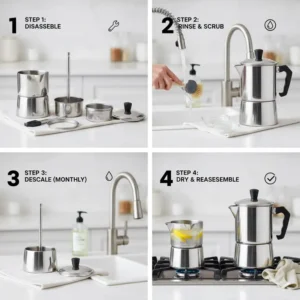 Step-by-step image of how to easily clean and maintain a stovetop coffee percolator.