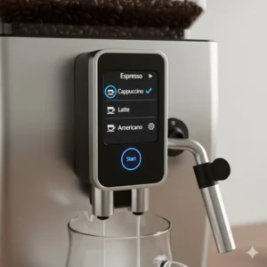 Easy-to-use touch screen controls showing selectable drinks like latte and espresso on an automatic bean to cup coffee maker.