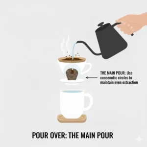 Diagram detailing the concentric circle pouring technique used to maintain even extraction when brewing a pour over coffee single cup.