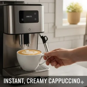 A beautiful, creamy cappuccino with a light layer of foam, made instantly by the best home automatic espresso machine.