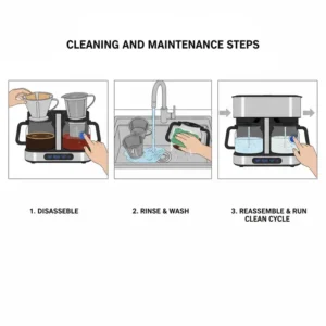 Instructions showing the simple cleaning process for the coffee maker with tea maker.