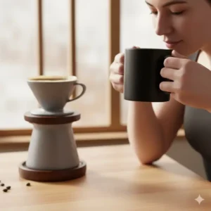 A relaxing lifestyle scene with a person holding a cup of fresh brew made using the ceramic coffee pour over.
