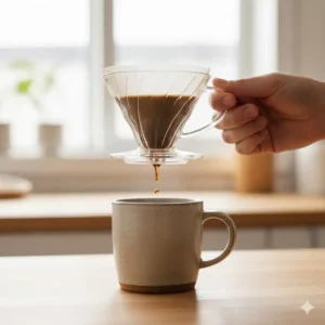 Hand holding a delicate glass coffee filter dripper positioned precisely over a ceramic mug.