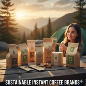 Grouping of sustainable brands of the best instant coffee for camping highlighting their eco-friendly, biodegradable packaging.