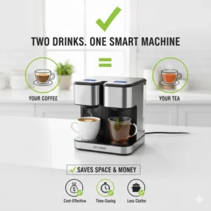 Highlighting the benefit of having a single appliance that can brew both your favorite drinks using the coffee maker with tea.