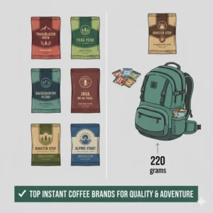 An organized display of the top instant coffee brands recommended for quality and performance specifically for backpacking and camping.