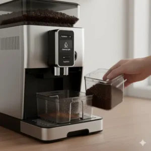 Simple illustration of the removable drip tray and automated cleaning cycle of a bean to cup coffee machine.