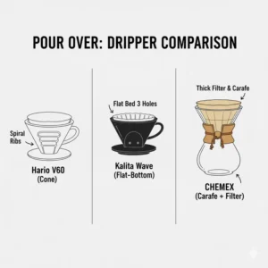 Visual comparison of popular drippers like the V60, Kalita Wave, and Chemex to help choose the best option for pour over coffee single cup.