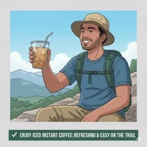 A hiker enjoying a refreshingly iced instant coffee on a hot day, showcasing the versatility of using instant coffee in cold water while backpacking.