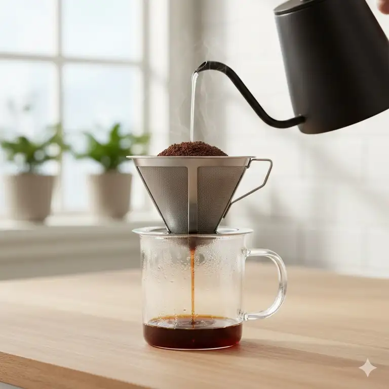 A close-up shot of a stainless steel pour-over coffee filter individual cup, ready to brew a single serving.
