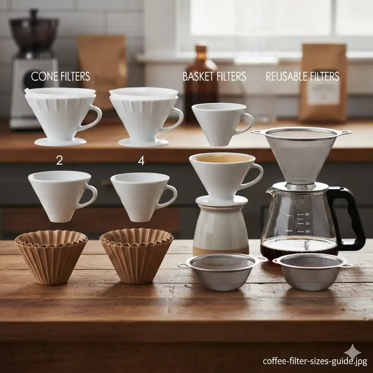 A comprehensive visual guide comparing different coffee filter sizes, including basket, cone, and permanent filters.