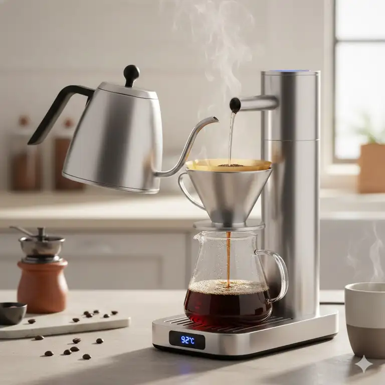 Kettle coffee machine combo unit brewing a fresh cup of drip coffee, showing the hot water pour mechanism.