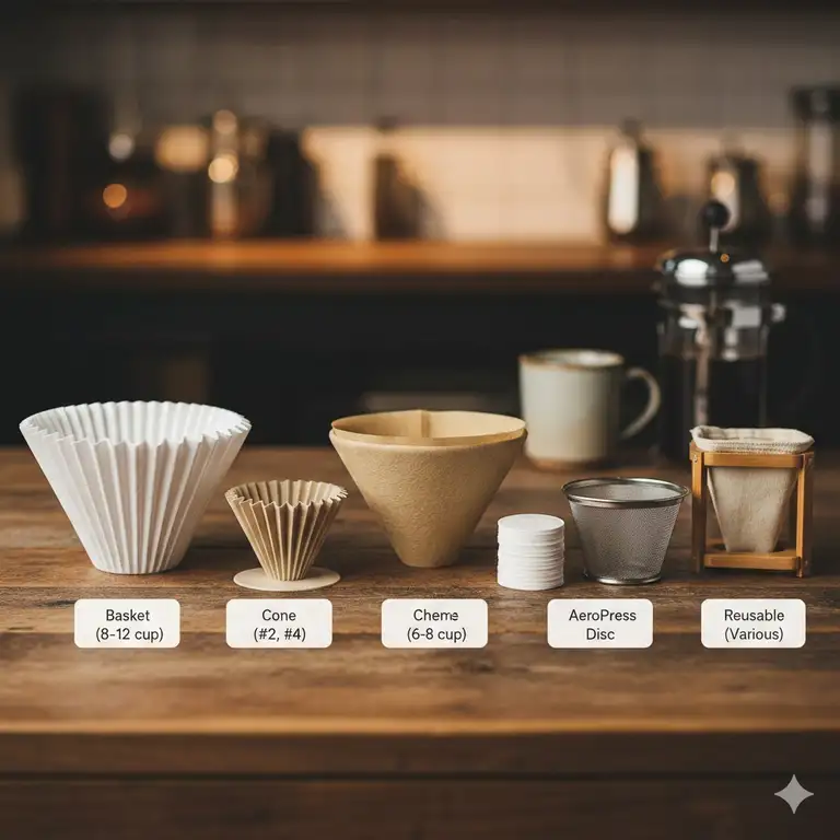 A side-by-side photo comparing various coffee filters sizes for different brew methods, including cone, basket, and disc filters.
