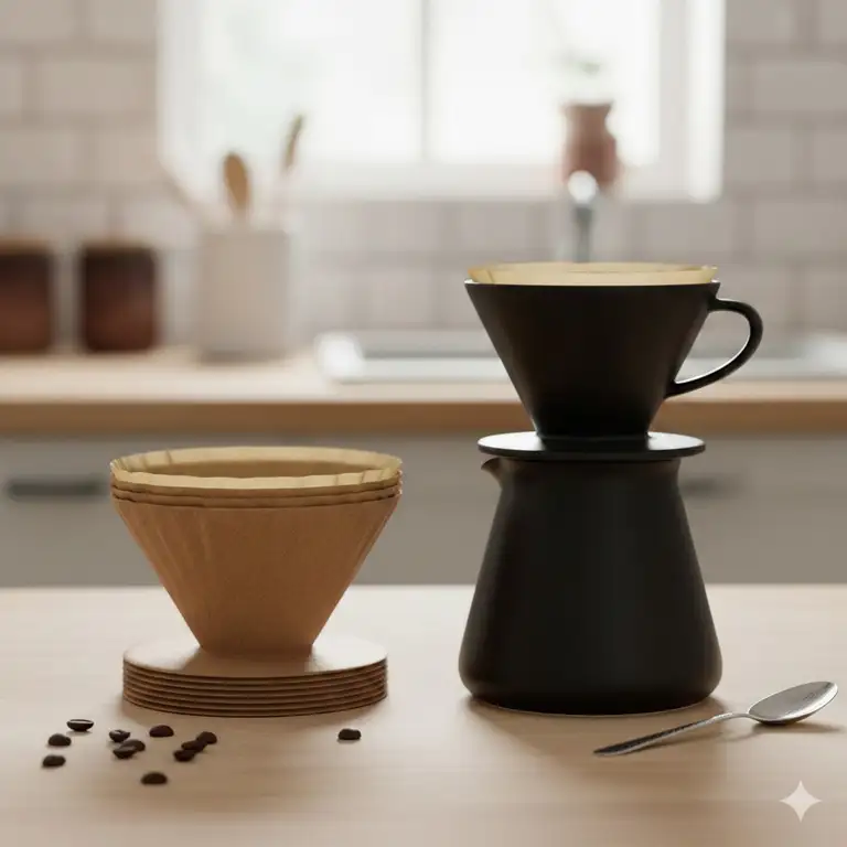 Premium cone shaped coffee filters in a stack next to a pour-over dripper.
