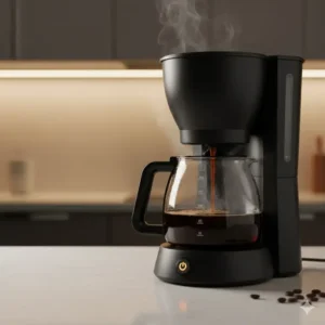 2- Close-up shot of an automatic drip-style coffee maker and kettle on a white countertop.