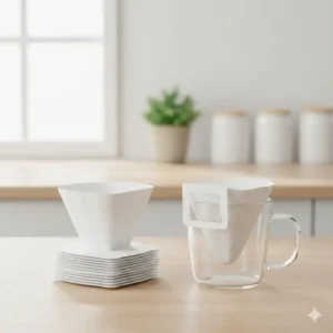 A stack of biodegradable paper coffee filter individual cup specifically designed for a single serving pour-over method.