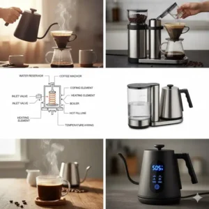 Close-up of a gooseneck kettle precisely pouring hot water for a pour-over coffee machine setup.