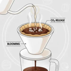 Detailed view of the coffee grounds blooming during the individual pour over coffee brewing process.