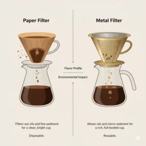 Comparison chart between paper and metal good coffee filters for different brewing styles.