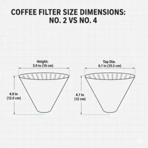 A technical diagram showing the height and width measurements of coffee filters 2 vs 4.