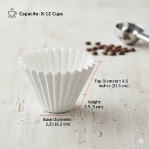 A large white paper filter showing standard 8-12 cup basket coffee filter sizes.