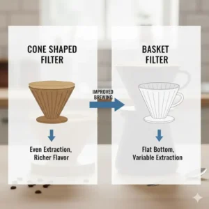 Comparison illustrating the V-shape of cone shaped coffee filters versus the flat bottom of basket filters.