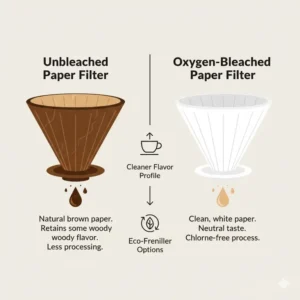 Illustration showing the difference between white and brown good coffee filters and their impact on taste.
