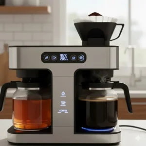 Diagram showing the specific filter holder and basket used for brewing coffee grounds in the versatile tea and coffee brewer.