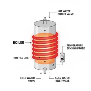 Diagram illustrating the heating element and boiler mechanism inside a domestic coffee machine.