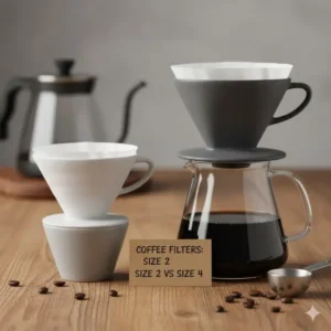 Two different sizes of paper cone style coffee filters 2 vs 4 for pour-over brewing.