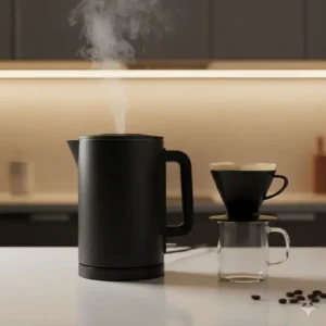 3- An electric cordless kettle boiling water next to a French Press coffee maker and kettle comparison.