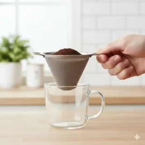 An eco-friendly reusable metal mesh coffee filter individual cup being held over a mug.