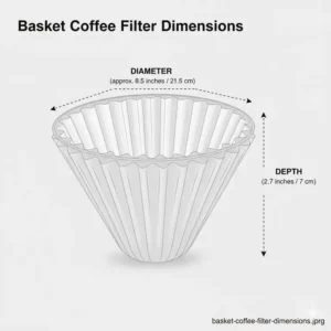 Illustration showing the dimensions and common dimensions of basket-style coffee filter sizes used in automatic drip machines.