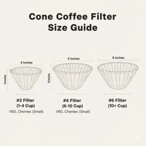 A visual guide showing the standard numbering system for cone coffee filters sizes (like #2 and #4) and their dimensions.