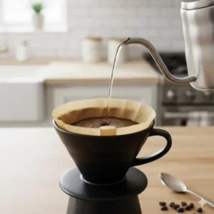 Close-up of a brown cone shaped coffee filters correctly placed inside a ceramic pour-over dripper.