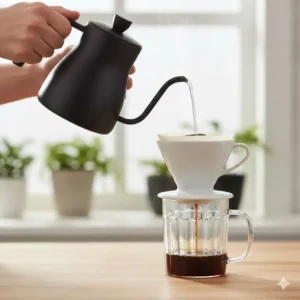 A hand pouring hot water over grounds inside a cone-shaped coffee filter individual cup apparatus.