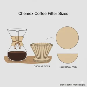 Thick, square Chemex filters next to a brewer, demonstrating the unique coffee filter sizes used specifically for Chemex.