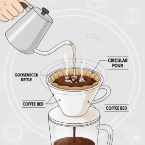 Demonstration of the circular pouring motion used when preparing an individual pour over coffee.