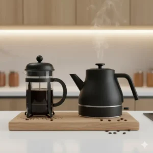4- Side-by-side comparison of a glass carafe coffee maker and kettle on a wooden board.
