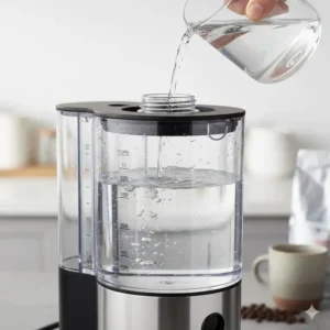 Clear view of the water reservoir on a kettle coffee machine, ready to be filled with filtered water.