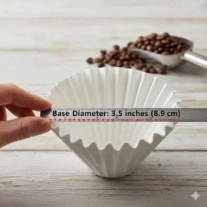 A top-down view measuring the base diameter of common basket coffee filter sizes.